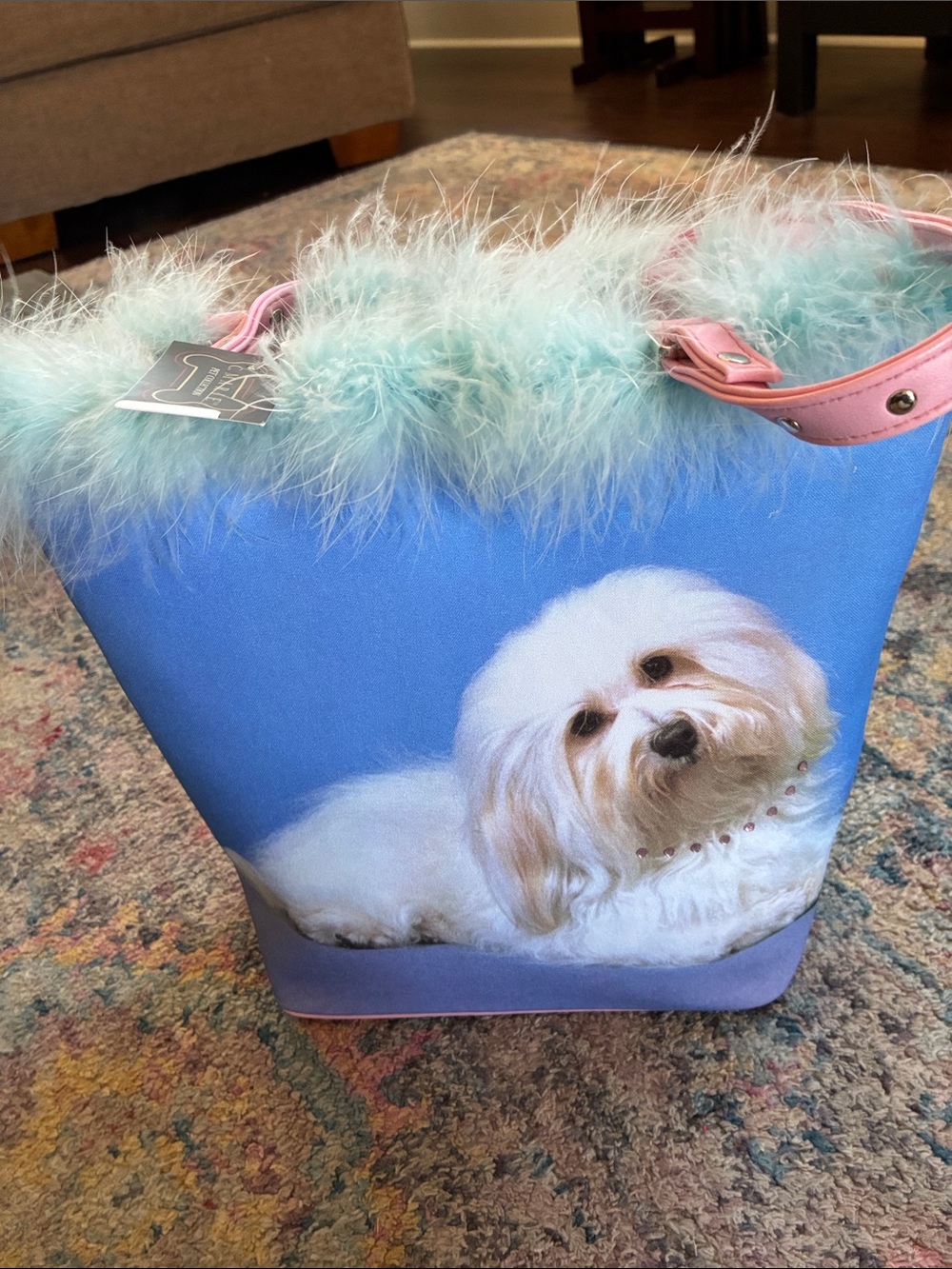 Blue Dog Print Tote with Aqua Feather Trim and Pink Handles